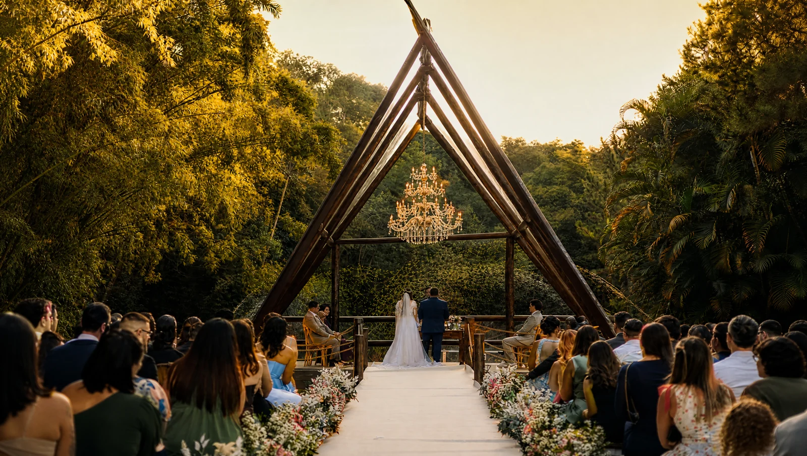 Casamento na Capela do Lago do Arufest, com estrutura triangular de madeira e luz dourada entre as árvores
