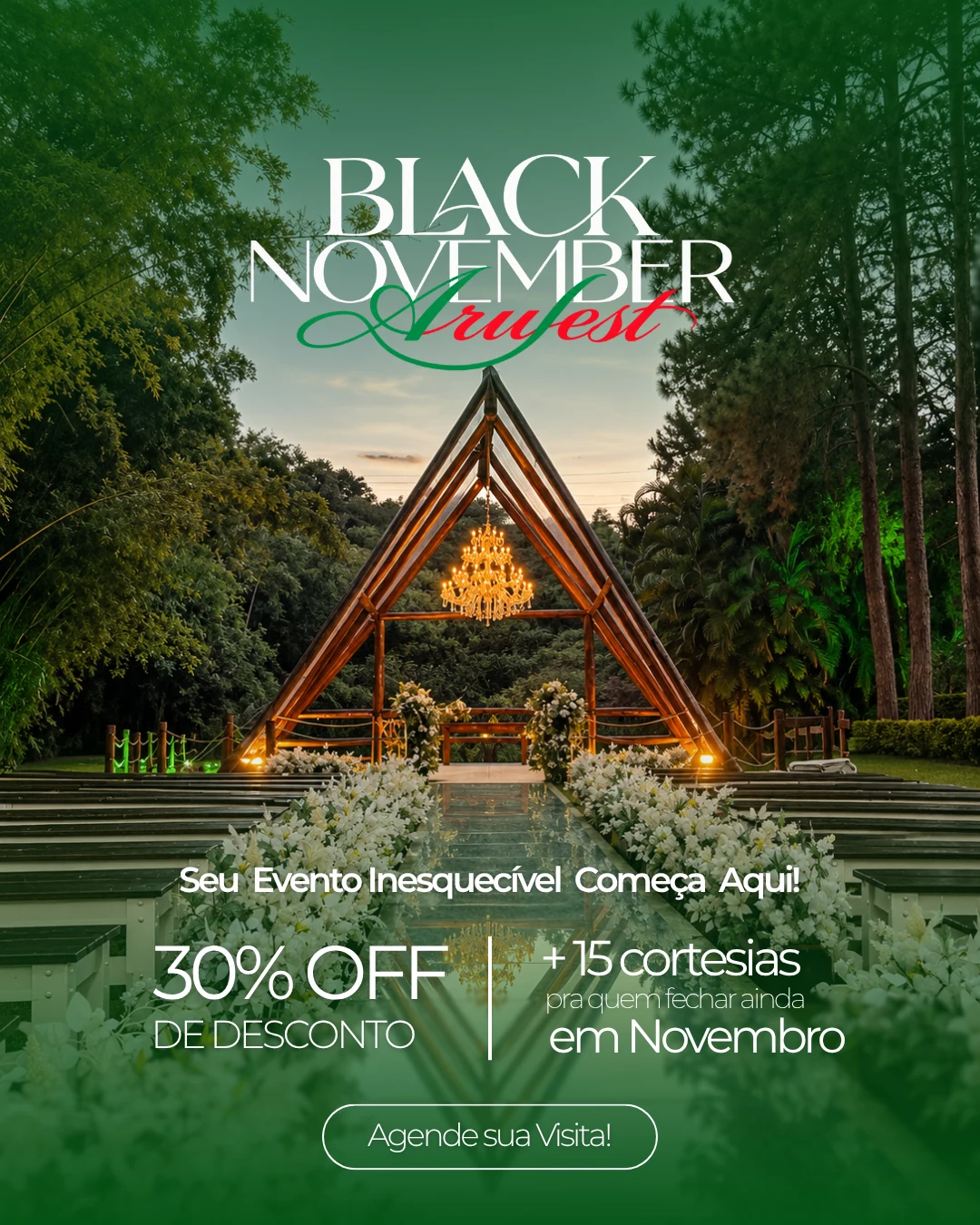 Arte oficial Black November Arufest: 30% OFF de desconto e 15 cortesias para contratos fechados em novembro